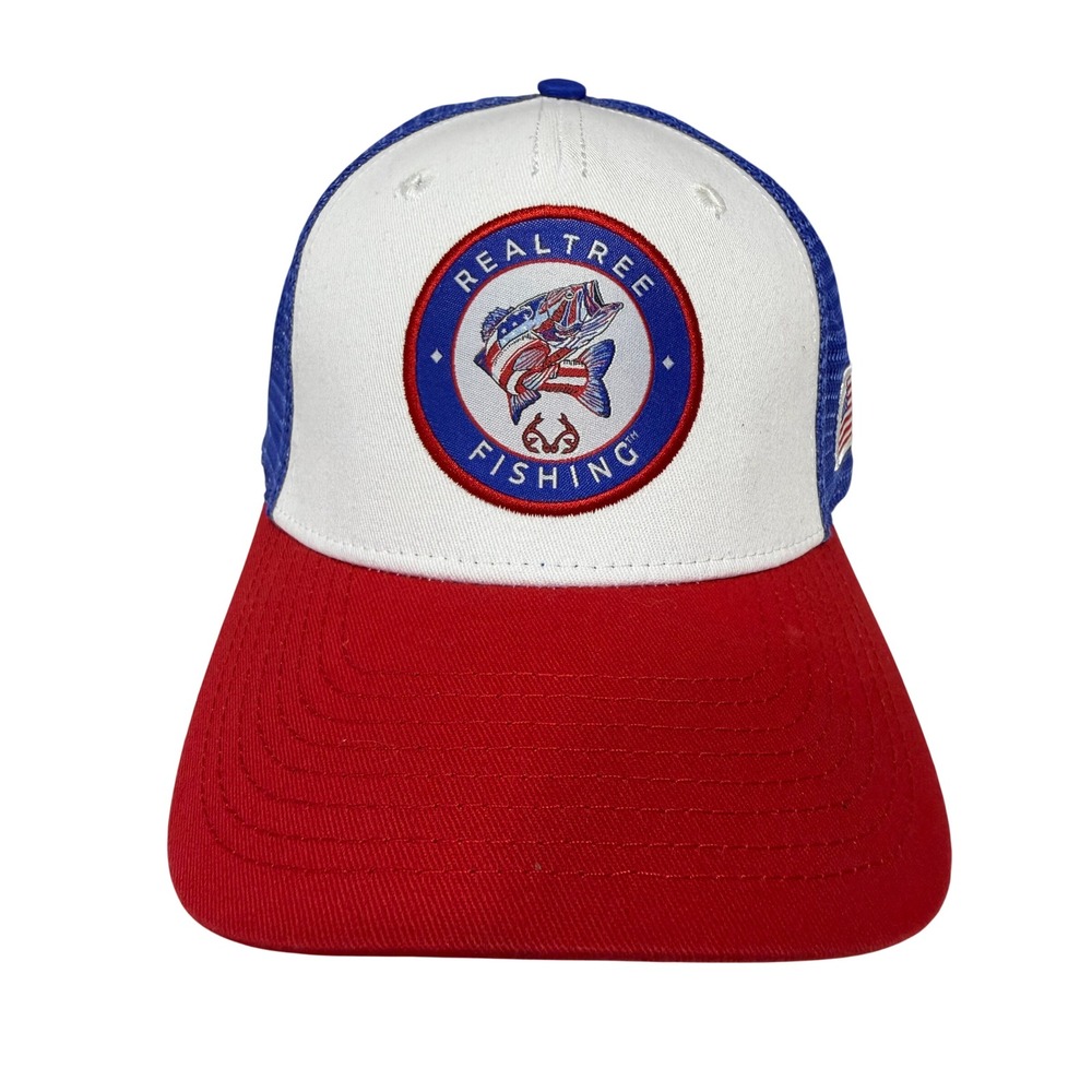 Realtree Fishing Trucker Hat Mens OSFA Blue Red NWT Snapback Flag Fish Patch